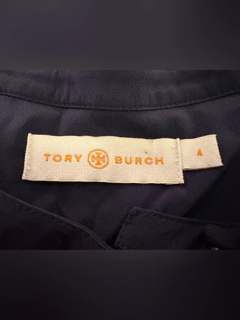 Tory Burch Meg 93% Silk Tunic Blouse Black Navy Colorblock Quiet Luxury Sz 4